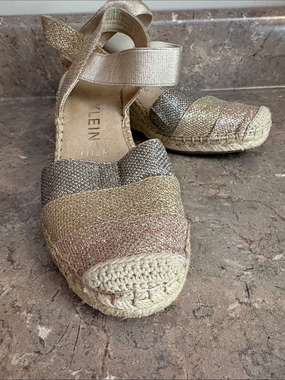 Anne Klein Metallic Striped Espadrille Wedges in Gold, Silver, Rose